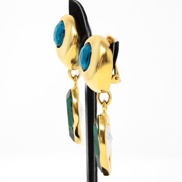 Vintage Ben-Amun Gold Tone Metal Blue Green Faceted Stone Clip On Earrings 2“ - Picture 4 of 9